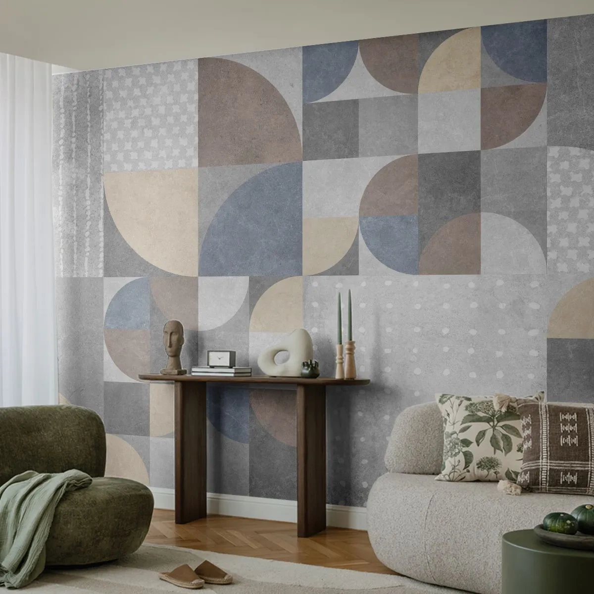 Fototapete Premium Sand - Geometrische Muster in Grau-, Beige- und Blautönen - 100x70cm - Keramische Fantasie - Moderne Wanddekoration für Wohnzimmer und Schlafzimmer ARTTOR