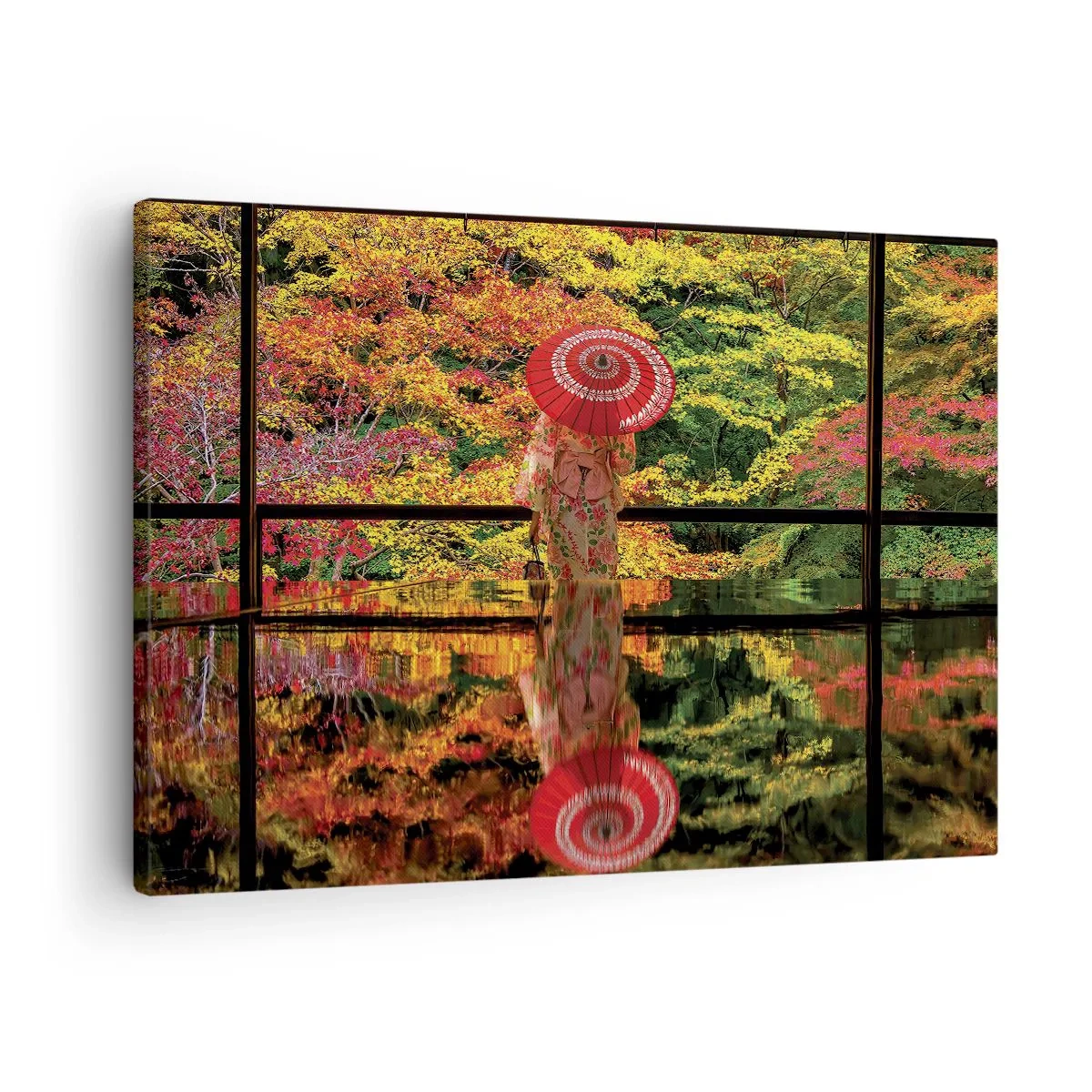 Bild auf Leinwand - Leinwandbild - Eine Frau im Kimono mit Regenschirm vor dem Hintergrund einer Herbstlandschaft. - 70x50cm - Im Tempel der Natur - Moderne Wanddekoration für Wohnzimmer und Schlafzimmer ARTTOR