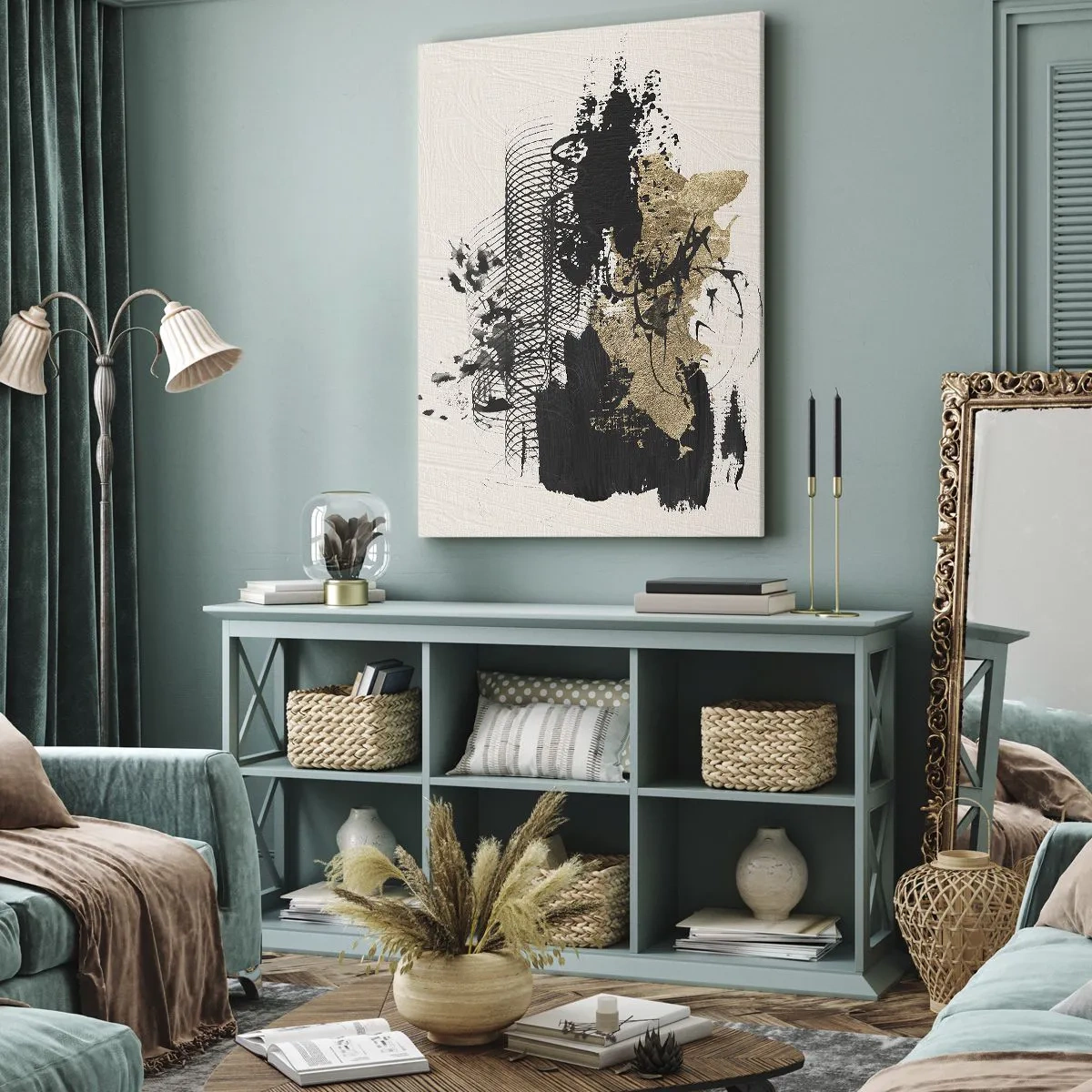 Bild auf Leinwand - Leinwandbild - Ein abstraktes Gemälde in Schwarz und Gold mit dynamischen Linien und Strukturen. - 50x70cm - Komposition mit Leidenschaft - Moderne Wanddekoration für Wohnzimmer und Schlafzimmer ARTTOR