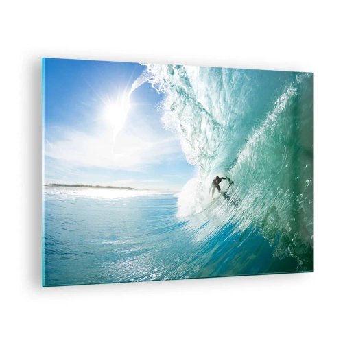 Glasbild - Bild auf glas - Ein Surfer reitet auf einer Welle vor blauem Himmel - 70x50cm - Immer Top - Moderne Wanddekoration für Wohnzimmer und Schlafzimmer ARTTOR