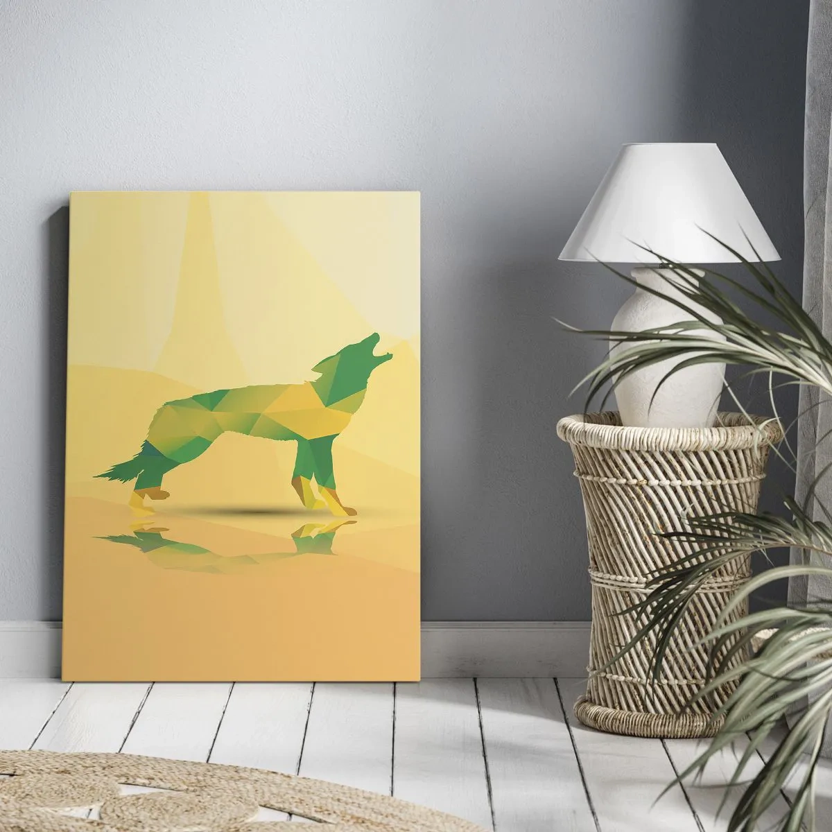 Bild auf Leinwand - Leinwandbild - Geometrische Wolfssilhouette in Grün- und Gelbtönen - 50x70cm - Ein einsamer Wolf - Moderne Wanddekoration für Wohnzimmer und Schlafzimmer ARTTOR