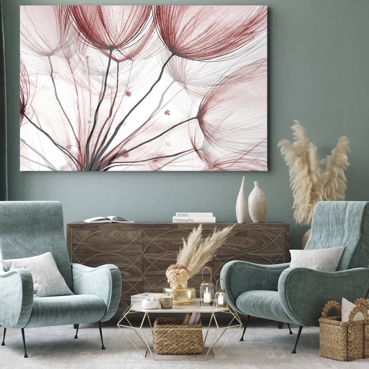 Bild auf Leinwand - Leinwandbild - Zarte Blüten in Rottönen auf hellem Untergrund - 100x70cm - Vor der Abfahrt - Moderne Wanddekoration für Wohnzimmer und Schlafzimmer ARTTOR