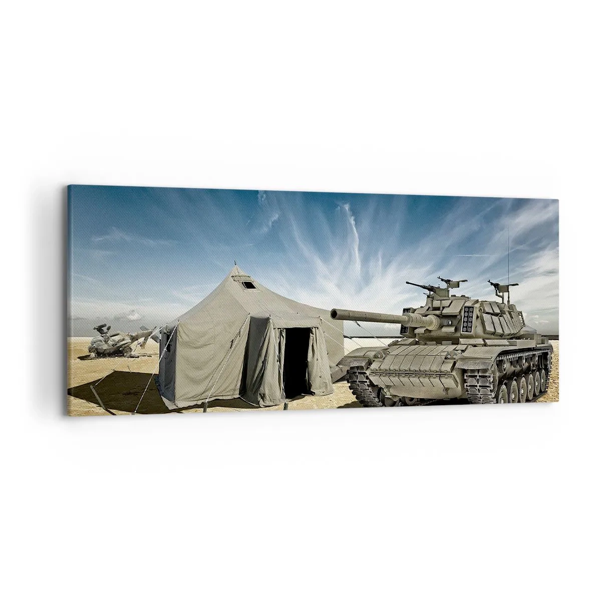 Bild auf Leinwand - Leinwandbild - Ein Panzer neben einem Militärzelt in einer Wüstengegend - 120x50cm - Ein militärischer Traum - Moderne Wanddekoration für Wohnzimmer und Schlafzimmer ARTTOR