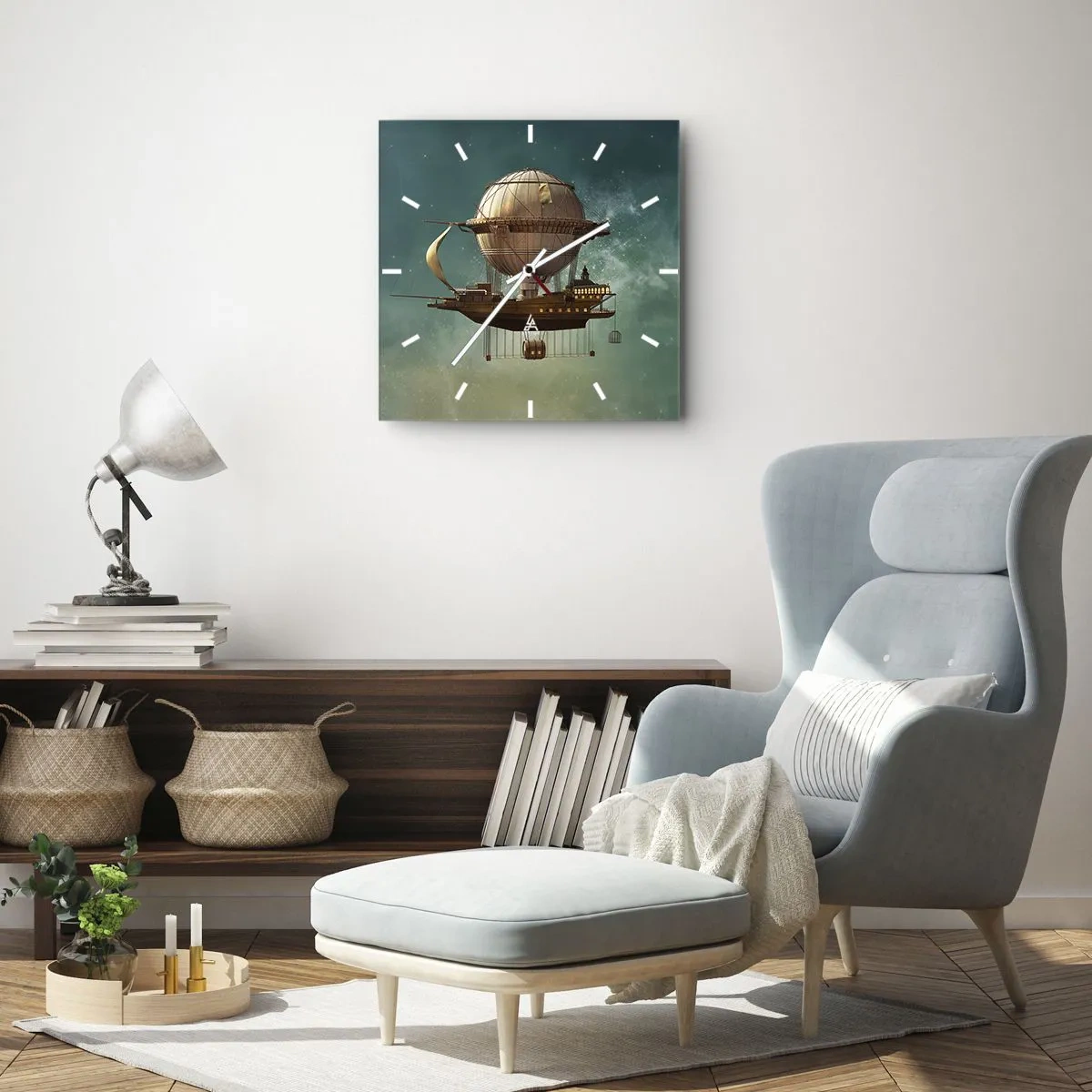 Wanduhr - Glasuhr - Ein fantastisches Luftschiff vor dem grünlichen Himmel - 30x30cm - Jules Verne sagt Hallo - Moderne Wanddekoration für Wohnzimmer und Schlafzimmer ARTTOR