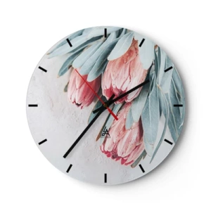Wanduhr - Glasuhr - Protea-Blüten mit hellblauen Blättern auf hellem Hintergrund - 30x30cm - Schämen sich für ihre eigene Schönheit - Moderne Wanddekoration für Wohnzimmer, Küche und Schlafzimmer ARTTOR