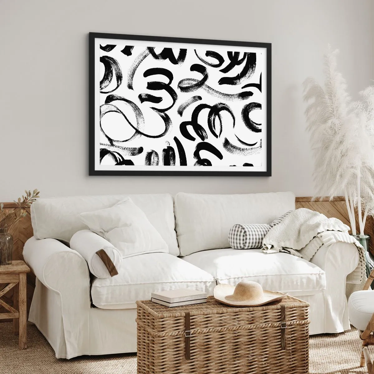 Poster in einem schwarzem Rahmen - Schwarze abstrakte Pinselstriche auf weißem Hintergrund - 70x50cm - Schwarz auf Weiß - Moderne Wanddekoration für Wohnzimmer und Schlafzimmer ARTTOR