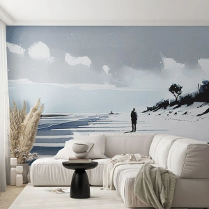 Fototapete Standard Eco - Eine einsame Gestalt geht an einem leeren Strand in Grautönen entlang. - 100x70cm - Allein sein - Moderne Wanddekoration für Wohnzimmer und Schlafzimmer ARTTOR