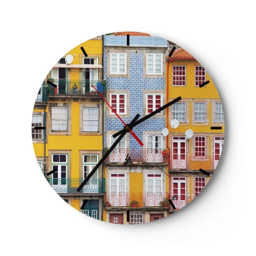 Wanduhr - Glasuhr - Bunte Fassaden von Mietshäusern mit Balkonen und Fenstern - 30x30cm - Farben der Altstadt - Moderne Wanddekoration für Wohnzimmer, Küche und Schlafzimmer ARTTOR