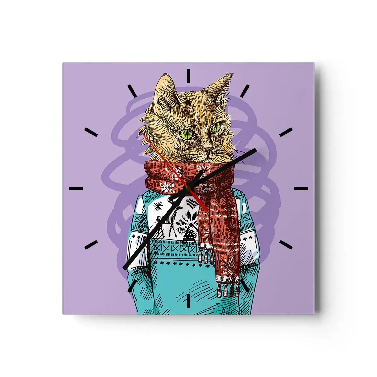 Wanduhr - Glasuhr - Eine Katze in Pullover und Schal auf violettem Hintergrund - 30x30cm - Die Katze nicht nur in Schuhen - Moderne Wanddekoration für Wohnzimmer und Schlafzimmer ARTTOR