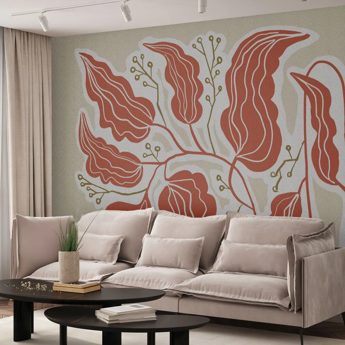 Fototapete Premium Canvas - Im Folkstil und korallenartig - Boho, Botanisch, Blumen - 200x140 cm