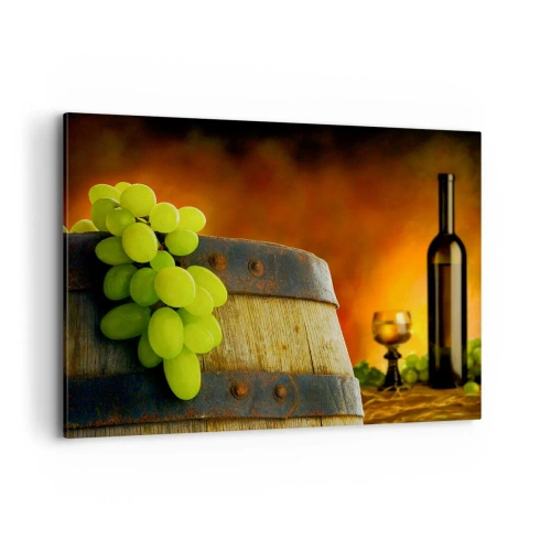 Bild auf Leinwand - Leinwandbild - Trauben auf einem Weinfass mit warmer Farbgebung im Hintergrund - 100x70cm - Stillleben mit einer Flasche Wein und einer Weintraube - Moderne Wanddekoration für Wohnzimmer und Schlafzimmer ARTTOR