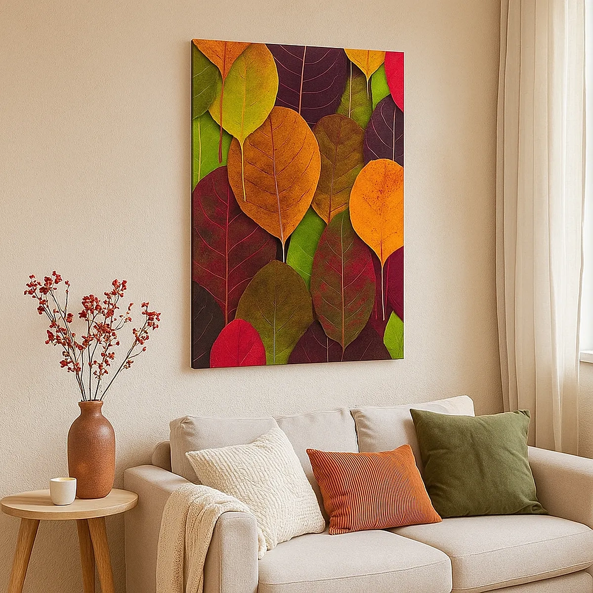 Bild auf Leinwand - Leinwandbild - Bunte Blätter in einem herbstlichen Muster angeordnet - 50x70cm - Herbstmosaik - Moderne Wanddekoration für Wohnzimmer und Schlafzimmer ARTTOR