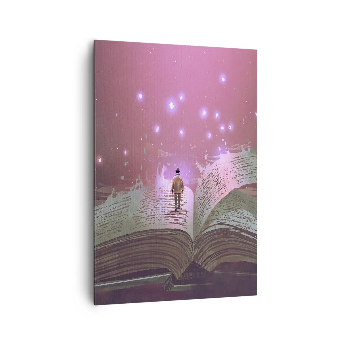 Bild auf Leinwand - Leinwandbild - Eine Figur tritt in einem magischen Licht auf ein offenes Buch. - 70x100cm - Einladung in eine andere Welt - lesen Sie! - Moderne Wanddekoration für Wohnzimmer und Schlafzimmer ARTTOR