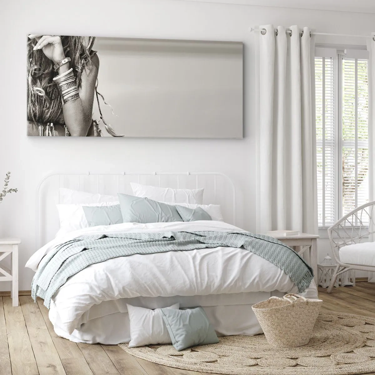 Bild auf Leinwand - Leinwandbild - Porträt einer Boho-Frau mit Schmuck - 120x50cm - Wieso ein Mädchen - Moderne Wanddekoration für Wohnzimmer und Schlafzimmer ARTTOR