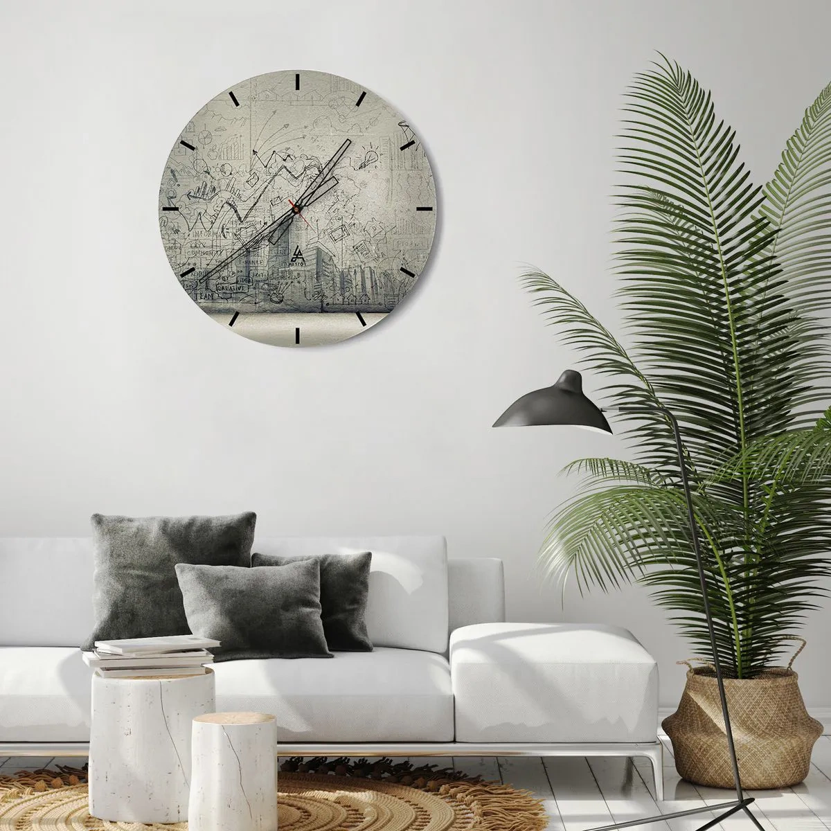 Wanduhr - Glasuhr - Konzeptskizze mit Geschäftsthemen auf hellem Hintergrund - 30x30cm - Mein tolles Stadtleben - Moderne Wanddekoration für Wohnzimmer, Küche und Schlafzimmer ARTTOR