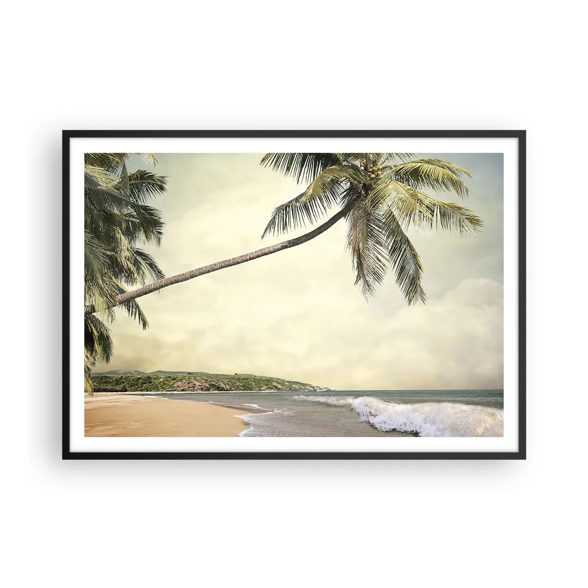 Poster in einem schwarzem Rahmen - Ein Strand mit Palmen vor der Kulisse eines ruhigen Meeres - 100x70cm - Tropischer Traum - Moderne Wanddekoration für Wohnzimmer und Schlafzimmer ARTTOR