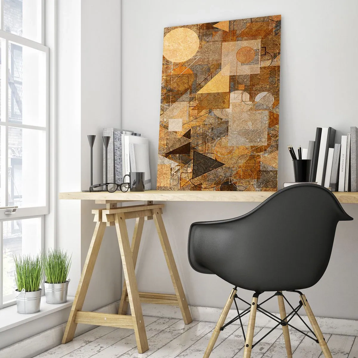 Glasbild - Bild auf glas - Abstrakte geometrische Muster in warmen Farben - 50x70cm - Eine kubistische Studie aus Bronze - Moderne Wanddekoration für Wohnzimmer und Schlafzimmer ARTTOR