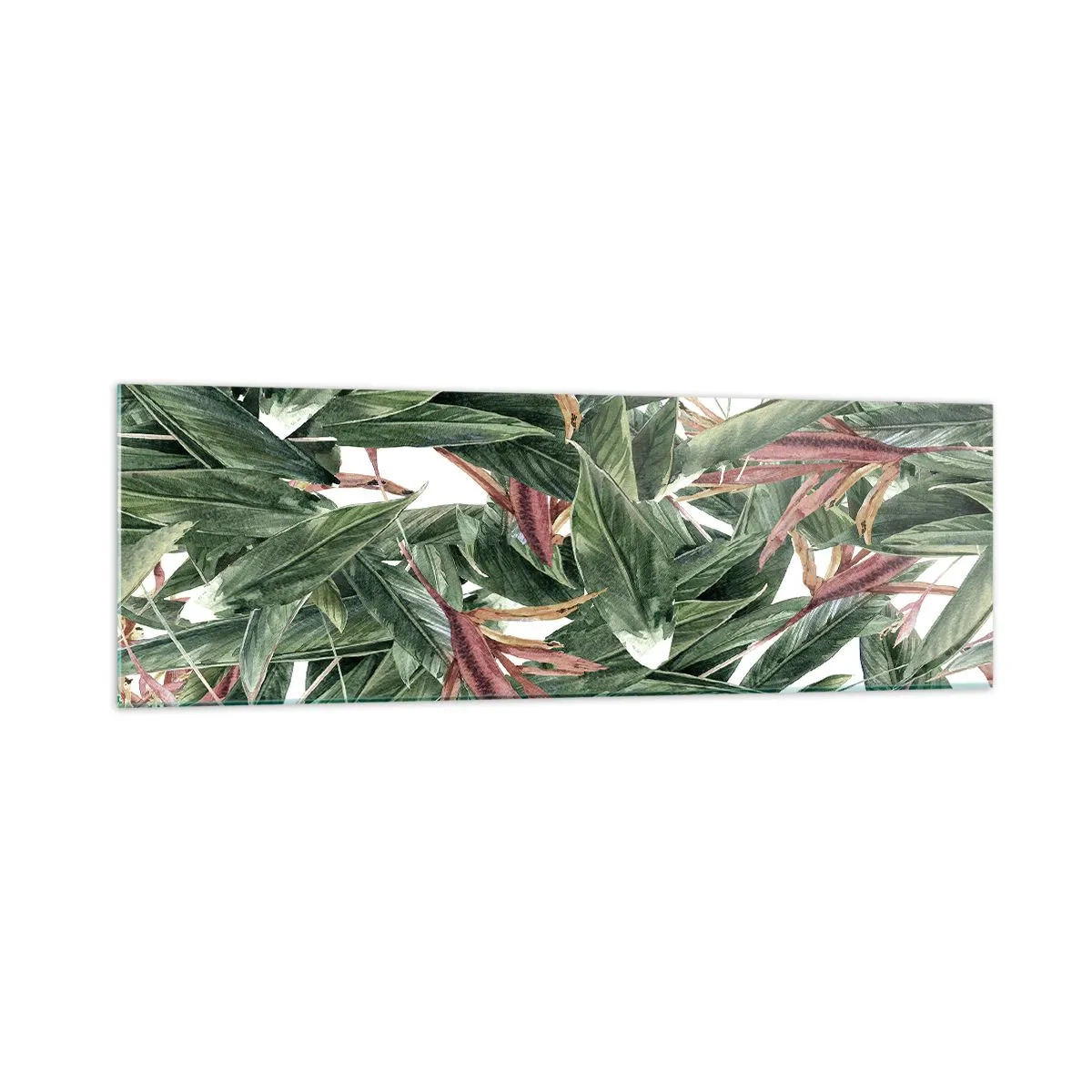 Glasbild - Bild auf glas - Ein dekoratives Blattmotiv in Grün- und Burgundertönen auf hellem Hintergrund - 160x50cm - Smaragd-lila Dickicht - Moderne Wanddekoration für Wohnzimmer und Schlafzimmer ARTTOR
