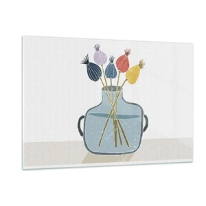 Glasbild - Bild auf glas - Dekorative Mohnköpfe in einer Kanne im grafischen Stil - 120x80cm - Es ist mucksmäuschenstill - Moderne Wanddekoration für Wohnzimmer und Schlafzimmer ARTTOR