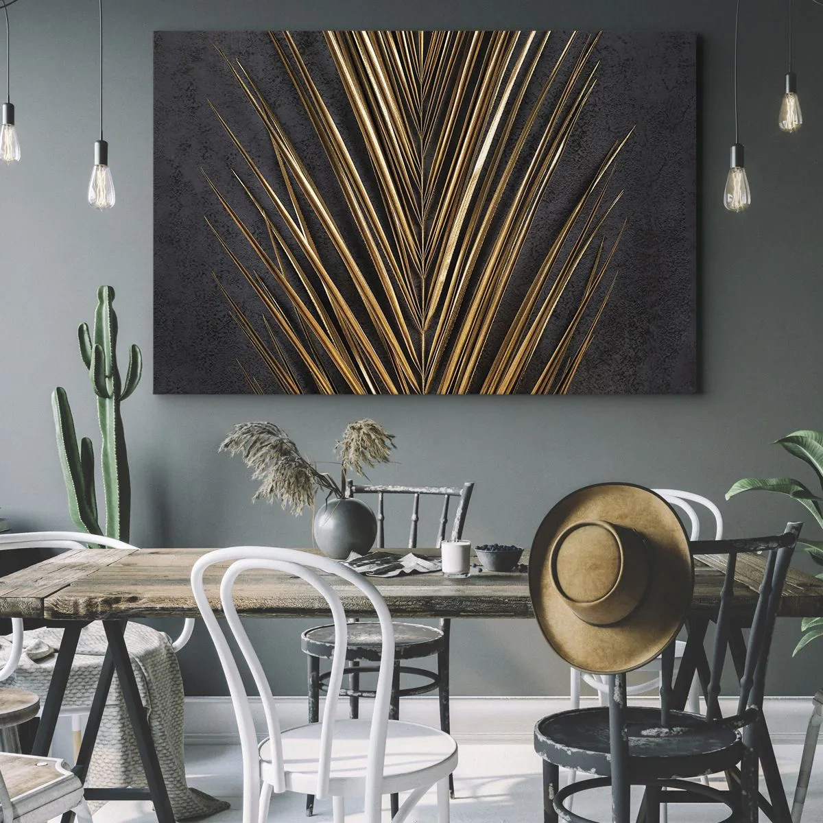 Bild auf Leinwand - Leinwandbild - Goldenes tropisches Blatt auf schwarzem Hintergrund - 100x70cm - Das Gold der Tropen - Moderne Wanddekoration für Wohnzimmer und Schlafzimmer ARTTOR