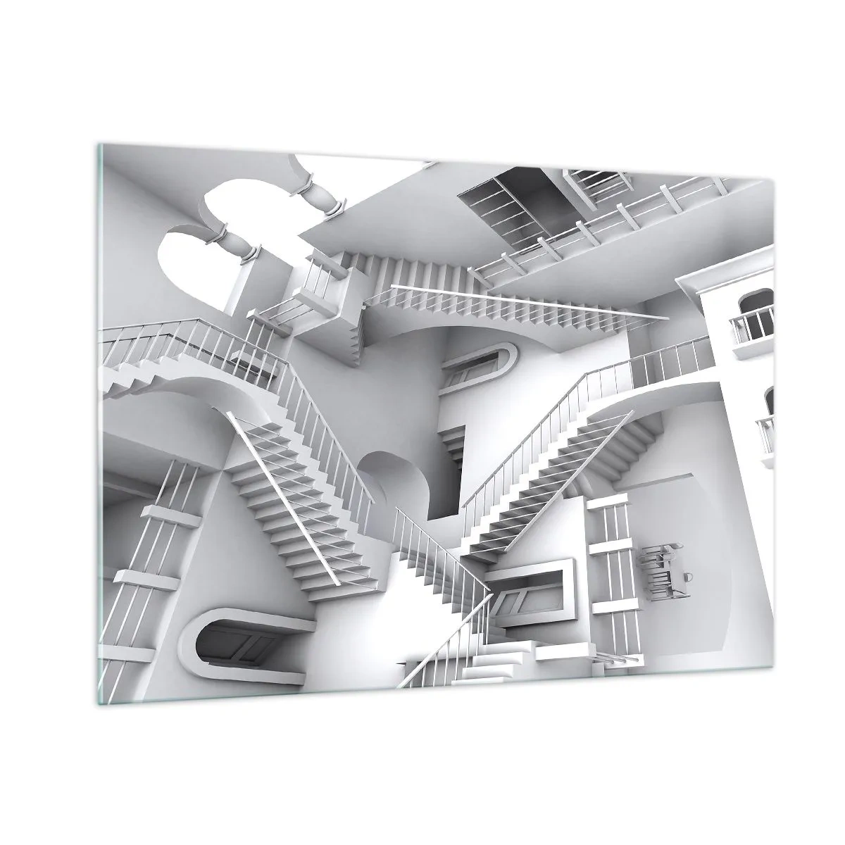 Glasbild - Bild auf glas - Ein Treppenlabyrinth in einem surrealen Raum - 100x70cm - Die Paradoxien des Weltraums - Moderne Wanddekoration für Wohnzimmer und Schlafzimmer ARTTOR