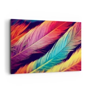 Bild auf Leinwand - Leinwandbild - Bunte Federn in intensiven Farben - 100x70cm - Gefiederter Regenbogen - Moderne Wanddekoration für Wohnzimmer und Schlafzimmer ARTTOR
