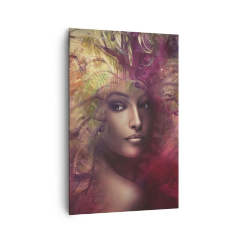 Bild auf Leinwand - Leinwandbild - Eine Frau in abstrakten Farben, die einen dynamischen Hintergrund schafft - 80x120cm - Ich bin hier! - Moderne Wanddekoration für Wohnzimmer und Schlafzimmer ARTTOR