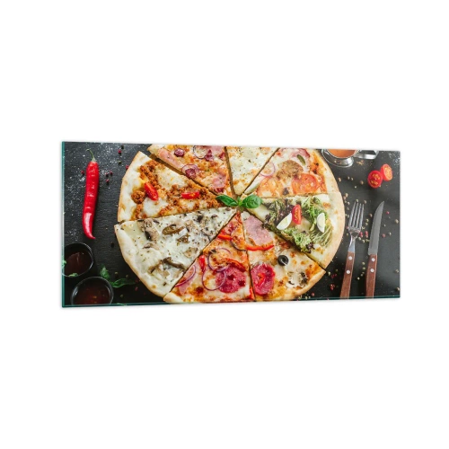Glasbild - Bild auf glas - Pizza in verschiedenen Geschmacksrichtungen mit verschiedenen Belägen - 120x50cm - Eine Reihe von Geschmacksrichtungen - Moderne Wanddekoration für Wohnzimmer und Schlafzimmer ARTTOR