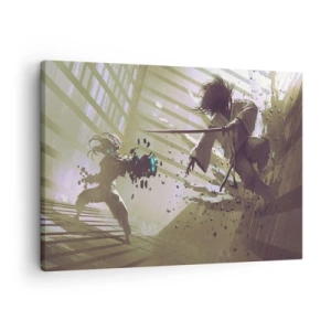 Bild auf Leinwand - Leinwandbild - Dynamischer Kampf zwischen zwei Charakteren im futuristischen Stil - 70x50cm - Und du kannst ein Samurai sein - Moderne Wanddekoration für Wohnzimmer und Schlafzimmer ARTTOR