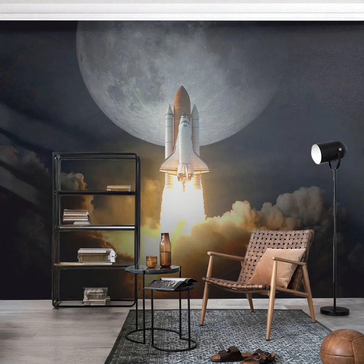 Fototapete Premium Sand - Start eines Space Shuttles mit dem Mond im Hintergrund in einer Nachtszene - 100x70cm - Beginn eines überirdischen Abenteuers - Moderne Wanddekoration für Wohnzimmer und Schlafzimmer ARTTOR
