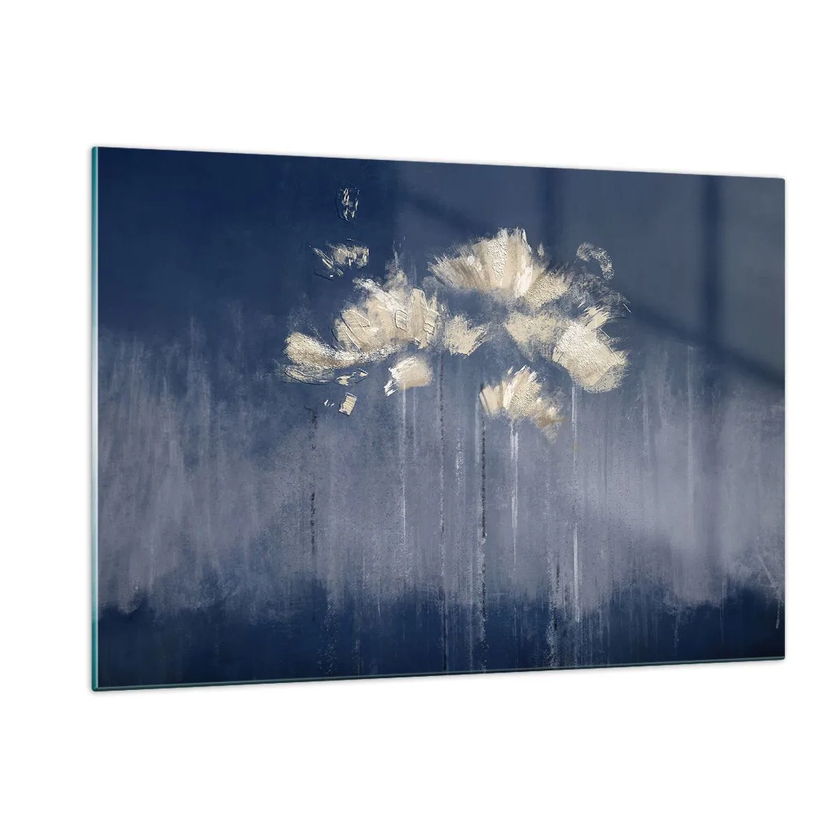 Glasbild - Bild auf glas - Goldenes abstraktes Blumenarrangement auf marineblauem Hintergrund - 120x80cm - Wie Blütenblätter im Wind - Moderne Wanddekoration für Wohnzimmer und Schlafzimmer ARTTOR
