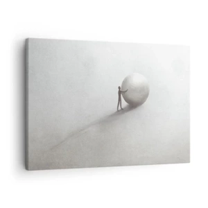 Bild auf Leinwand - Leinwandbild - Eine minimalistische Figur mit einem Ball auf einem hellen, monochromen Hintergrund. - 70x50cm - Das Spiel des Lebens - Moderne Wanddekoration für Wohnzimmer und Schlafzimmer ARTTOR