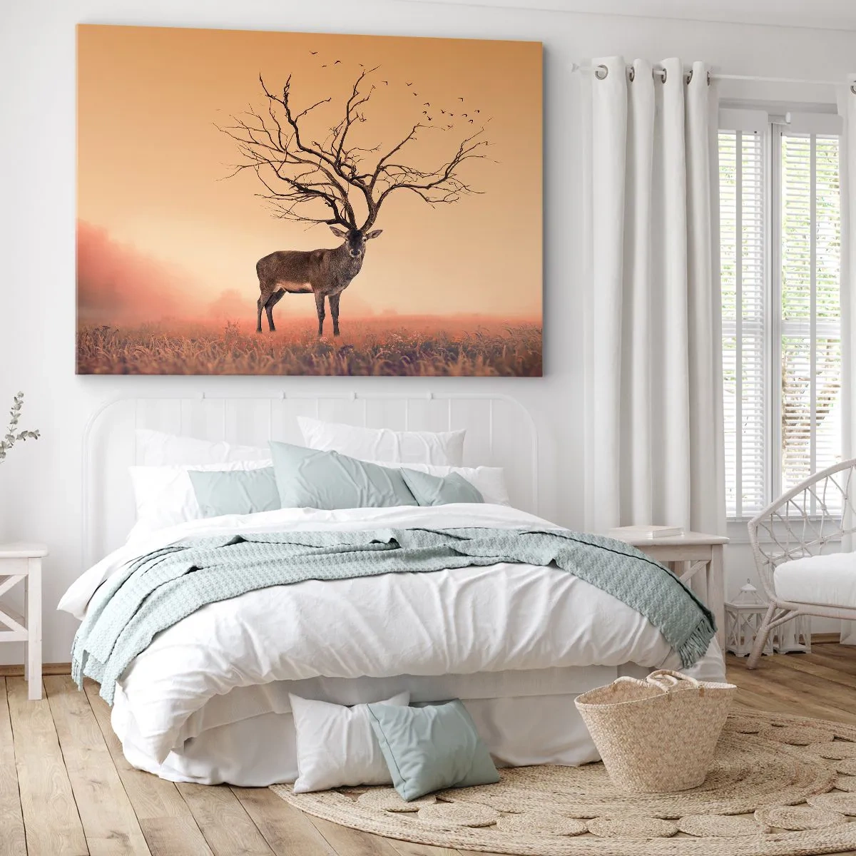 Bild auf Leinwand - Leinwandbild - Eine ausgefallene Hirschgrafik mit Ästen statt Geweih - 70x50cm - Prajelen - der ewige Geist des Waldes - Moderne Wanddekoration für Wohnzimmer und Schlafzimmer ARTTOR