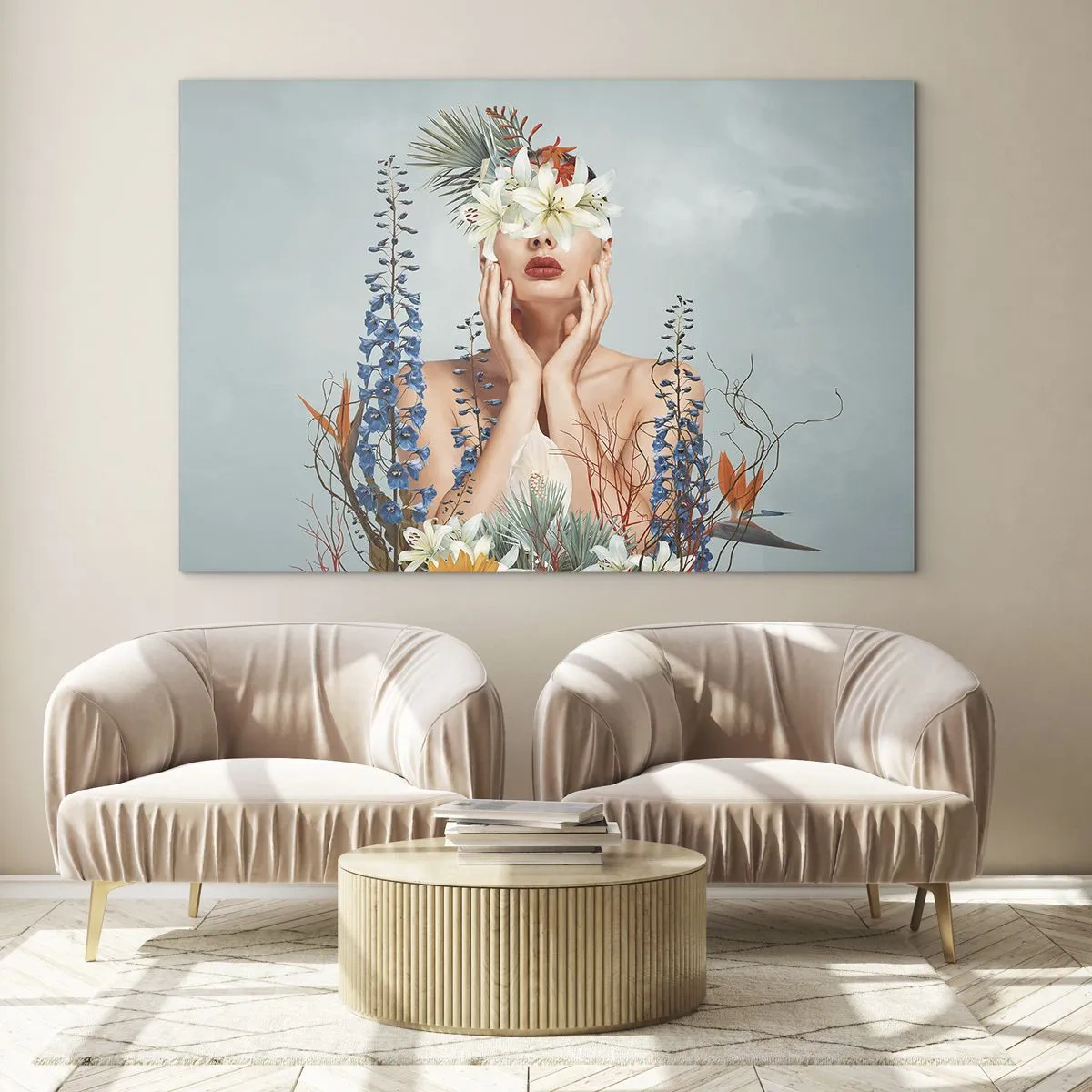 Glasbild - Bild auf glas - Frauenfigur mit Blumenkranz und Blumenarrangement - 100x70cm - Frau - Blume - Moderne Wanddekoration für Wohnzimmer und Schlafzimmer ARTTOR