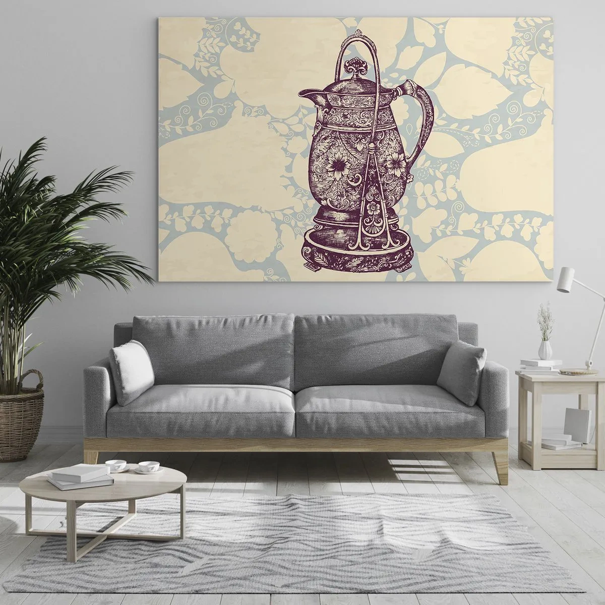Glasbild - Bild auf glas - Ein verzierter Vintage-Krug auf hellem Hintergrund mit einem Ornament - 70x50cm - Schönheit des Alltags - Moderne Wanddekoration für Wohnzimmer und Schlafzimmer ARTTOR