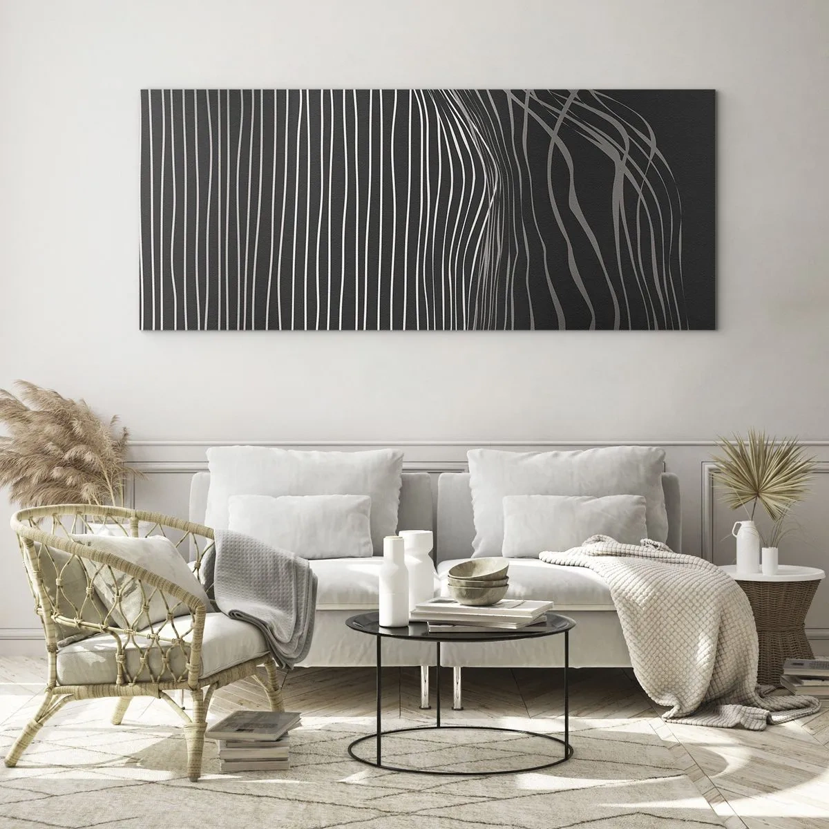 Glasbild - Bild auf glas - Weiße Linien auf dunkelgrauem Hintergrund in abstrakter Anordnung - 120x50cm - Rhythmus und Akzent - Moderne Wanddekoration für Wohnzimmer und Schlafzimmer ARTTOR