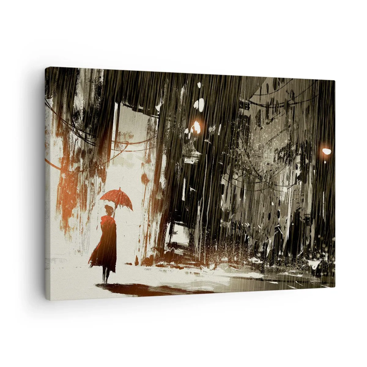 Bild auf Leinwand - Leinwandbild - Eine rote Figur mit einem Regenschirm in einer regnerischen Szene - 70x50cm - Die Poesie des roten Regenschirms - Moderne Wanddekoration für Wohnzimmer und Schlafzimmer ARTTOR