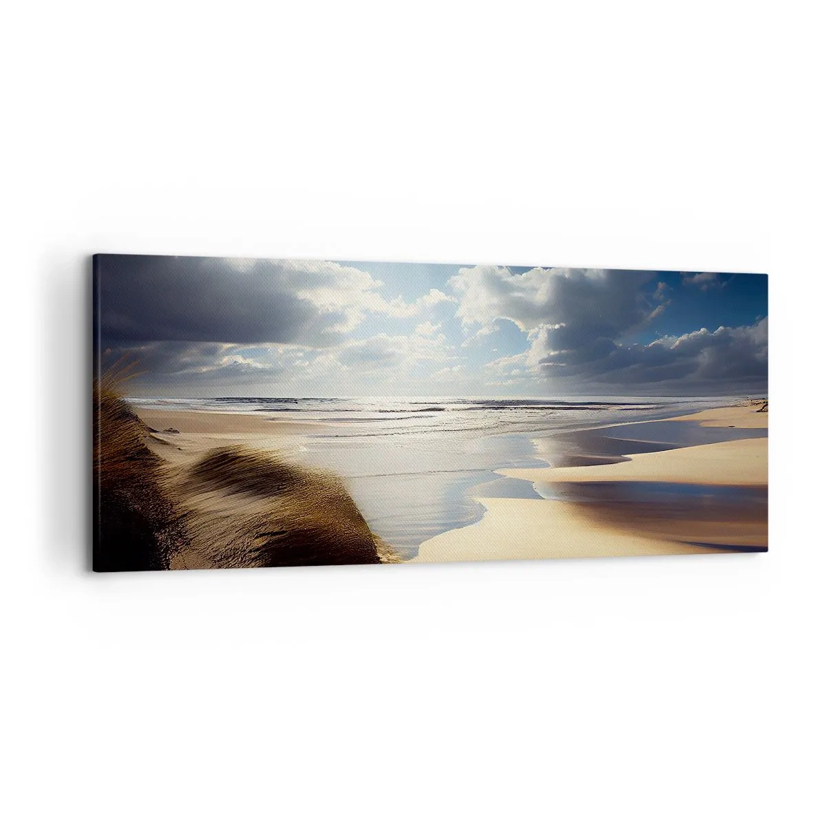 Bild auf Leinwand - Leinwandbild - Ein wilder Strand mit Dünen und blauem Himmel - 120x50cm - Strand, wilder Strand - Moderne Wanddekoration für Wohnzimmer und Schlafzimmer ARTTOR