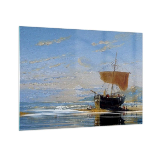 Glasbild - Bild auf glas - Ein Schiff mit Segel am Ufer im malerischen Stil - 70x50cm - Wasser, Land, Luft - Moderne Wanddekoration für Wohnzimmer und Schlafzimmer ARTTOR