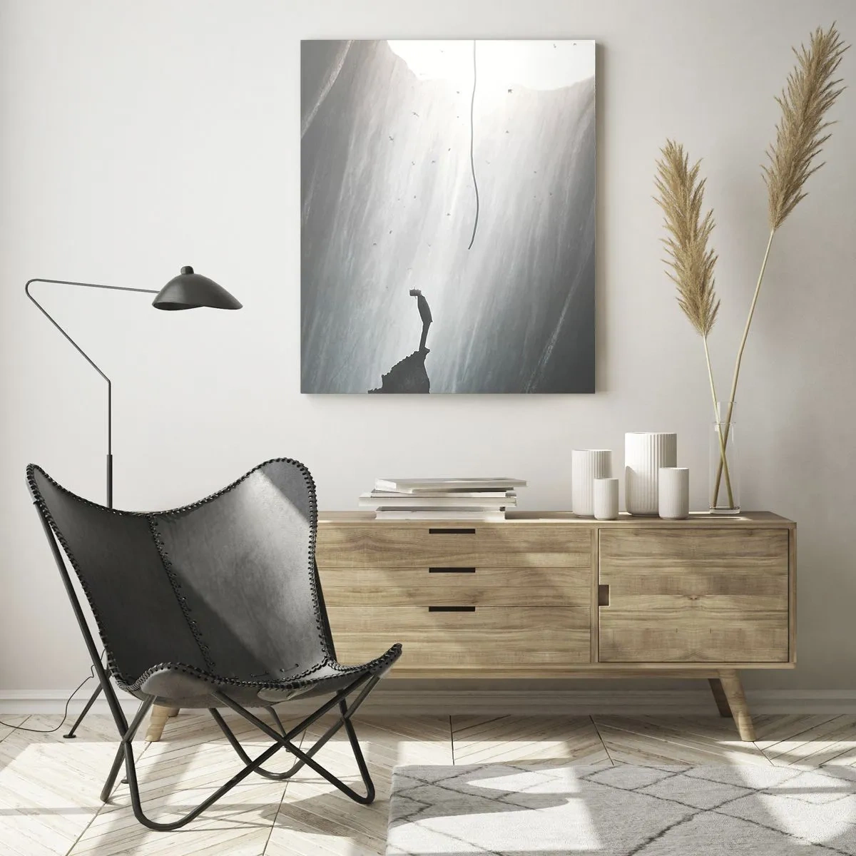 Glasbild - Bild auf glas - Ein Mann steht in der Dunkelheit am Fuße eines leuchtenden Ausgangs über einem Abgrund - 50x70cm - Es gibt immer einen Ausweg - Moderne Wanddekoration für Wohnzimmer und Schlafzimmer ARTTOR