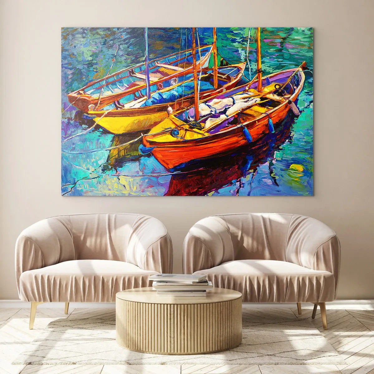 Glasbild - Bild auf glas - Bunte Boote auf ruhigem Wasser - 120x80cm - Auf Wasser dick mit Farben - Moderne Wanddekoration für Wohnzimmer und Schlafzimmer ARTTOR