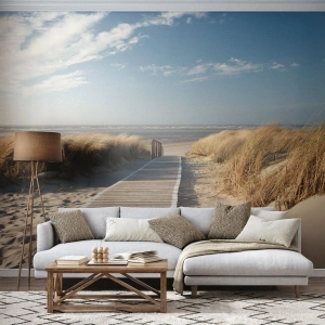 Fototapete Premium Sand - Holzweg am Strand, der zum Meer führt - 100x70cm - Hinter der Düne, im Rauschen des Grases - Moderne Wanddekoration für Wohnzimmer und Schlafzimmer ARTTOR