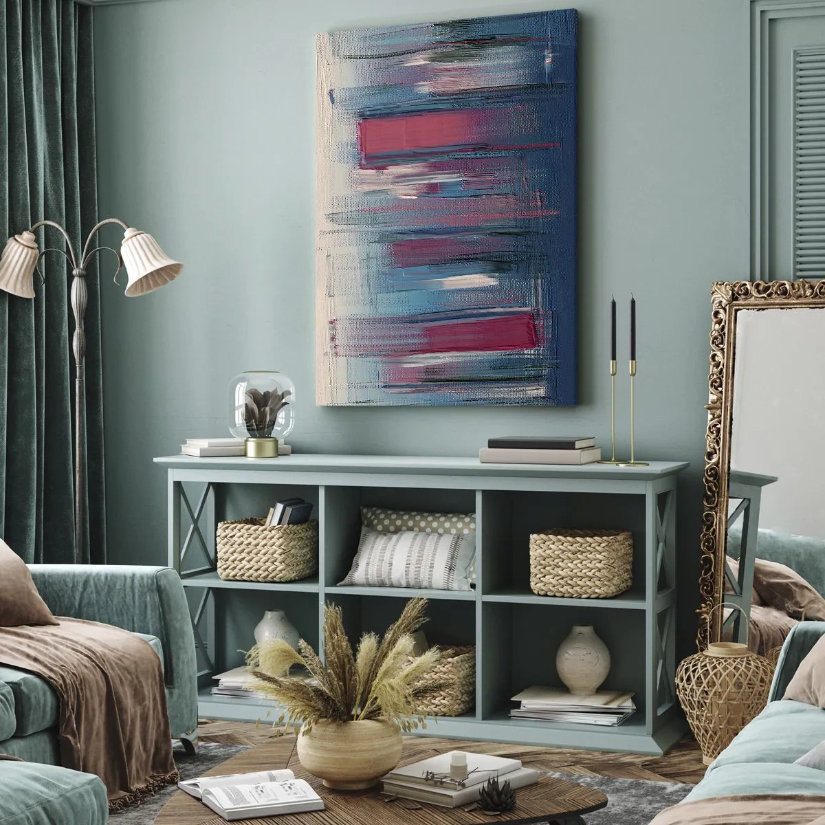 Bild auf Leinwand - Leinwandbild - Vertikale Komposition in Blau und Rot - 65x120 cm