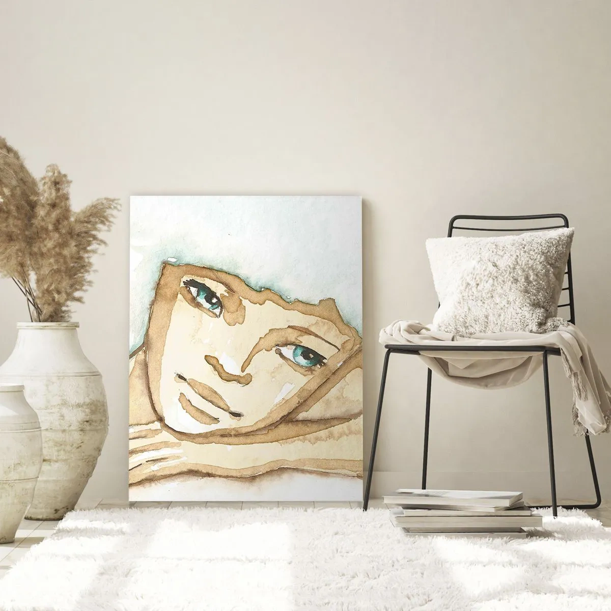 Glasbild - Bild auf glas - Eine subtile Figur einer Frau mit einem Baum vor einem Hintergrund aus Aquarellfarben - 50x70cm - Der Baum der Poesie wächst aus der Stille - Moderne Wanddekoration für Wohnzimmer und Schlafzimmer ARTTOR