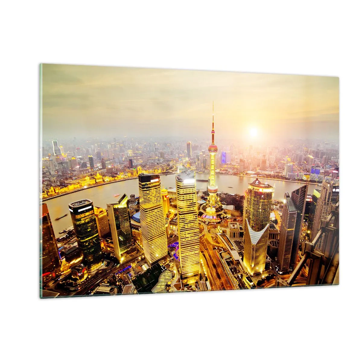 Glasbild - Bild auf glas - Panorama der Stadt bei Sonnenuntergang mit Wolkenkratzern - 120x80cm - Asiatischer Traum - Moderne Wanddekoration für Wohnzimmer und Schlafzimmer ARTTOR