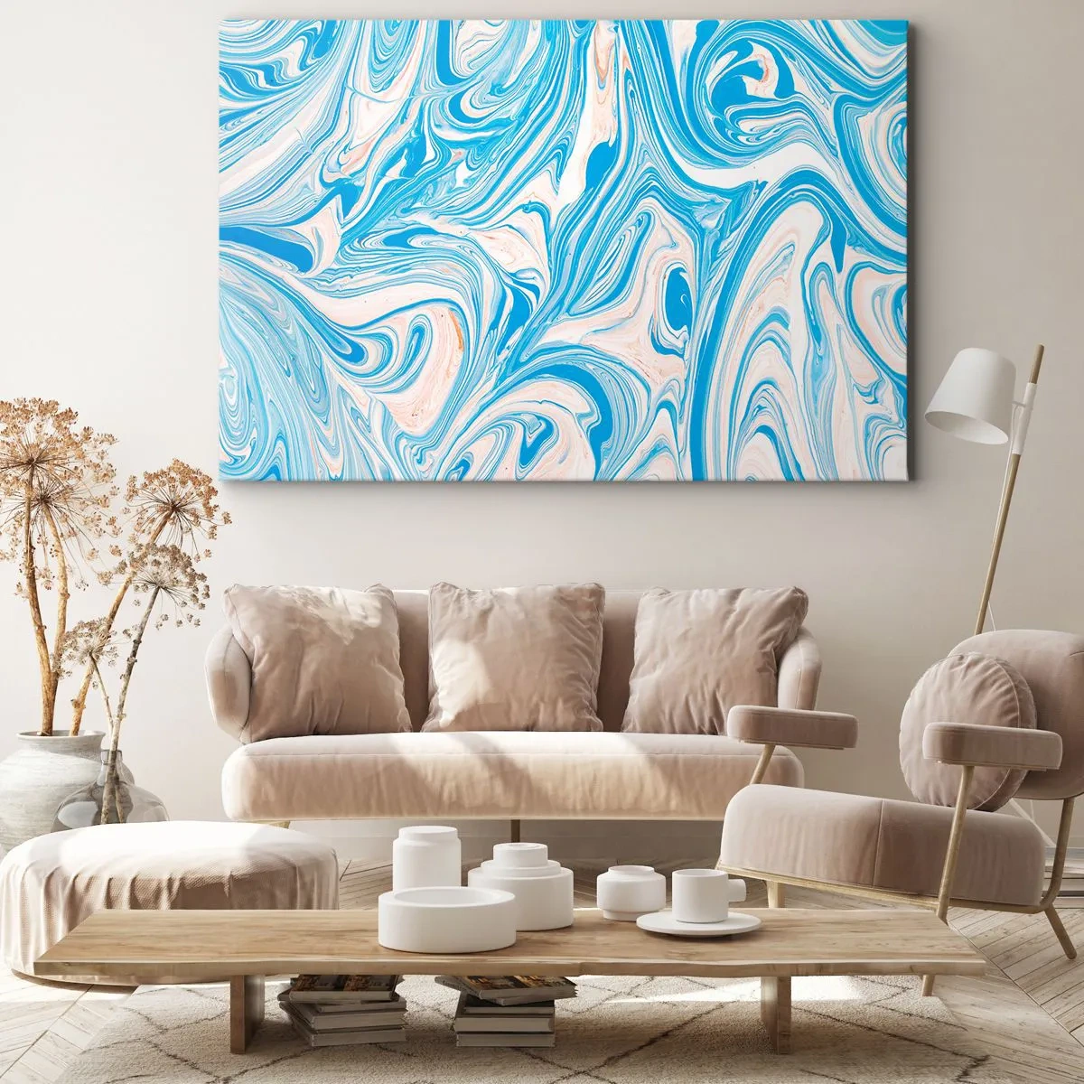 Bild auf Leinwand - Leinwandbild - Abstrakte Wirbel im blauen und weißen Marmorstil - 100x70cm - Sumpf in Türkis - Moderne Wanddekoration für Wohnzimmer und Schlafzimmer ARTTOR