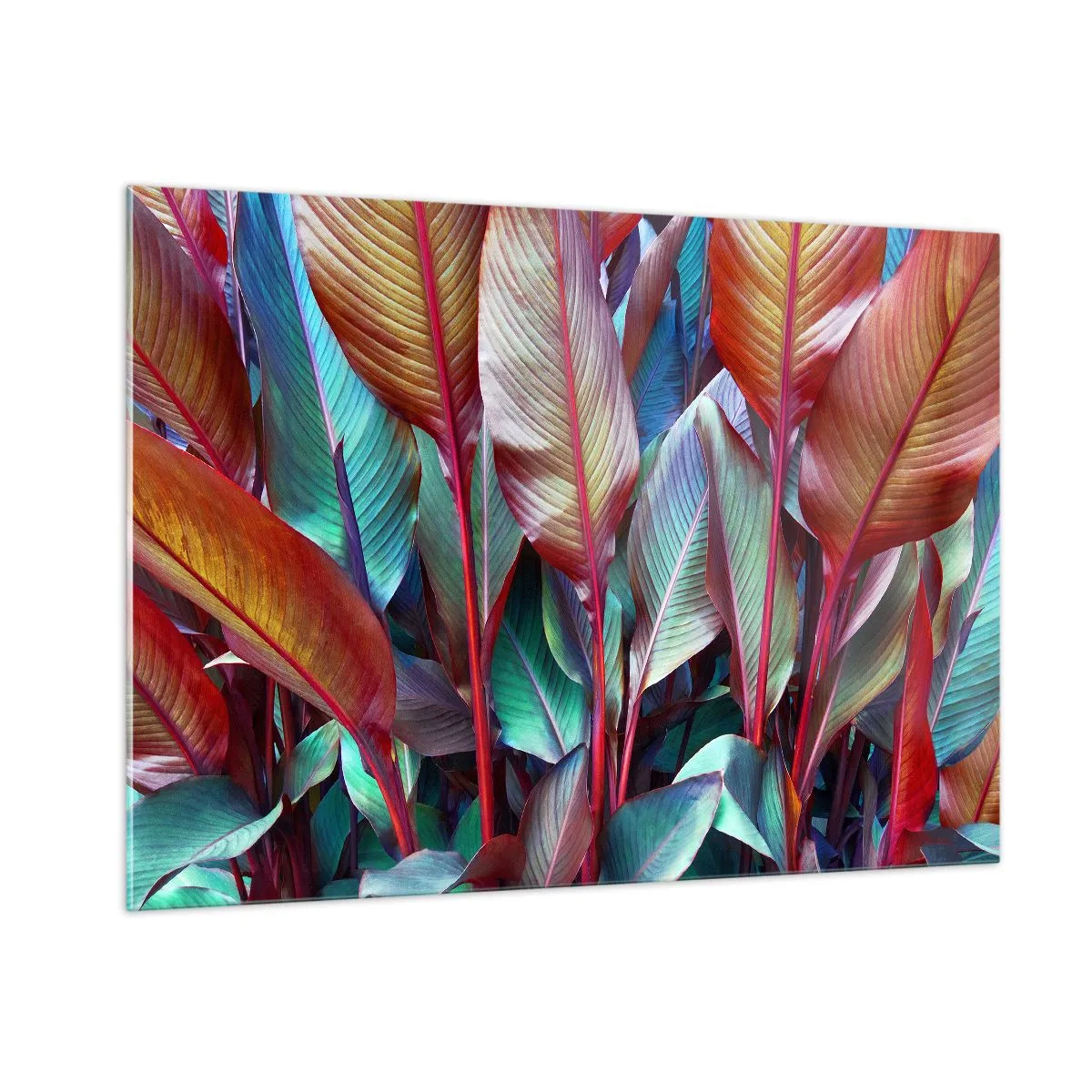 Glasbild - Bild auf glas - Ein buntes Blätterdickicht in Rot-, Grün- und Lilatönen - 100x70cm - Buntes Dickicht - Moderne Wanddekoration für Wohnzimmer und Schlafzimmer ARTTOR