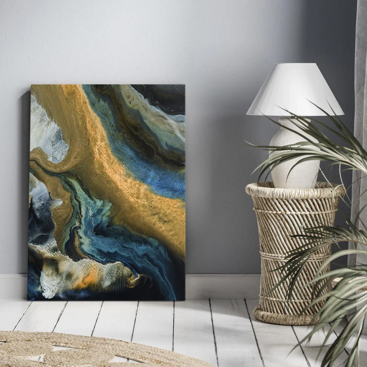 Bild auf Leinwand - Leinwandbild - Abstrakte Wellen in Gold- und Blautönen - 50x70cm - Blau - Gelb - gegenseitige Beeinflussung - Moderne Wanddekoration für Wohnzimmer und Schlafzimmer ARTTOR
