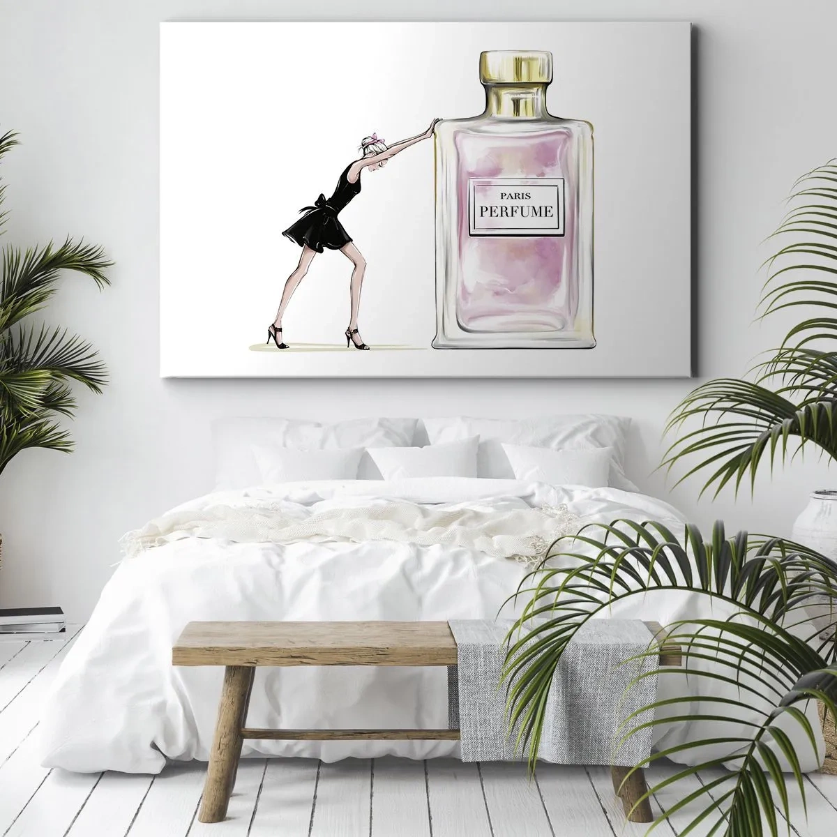 Bild auf Leinwand - Leinwandbild - Eine Frau in einem schwarzen Kleid neben einer Parfümflasche - 100x70cm - Essenz der Weiblichkeit - Moderne Wanddekoration für Wohnzimmer und Schlafzimmer ARTTOR