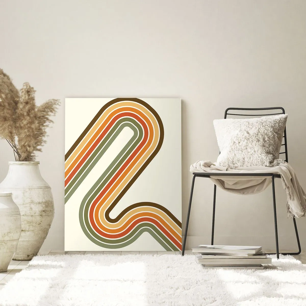 Glasbild - Bild auf glas - Geometrisches Muster in Grün-, Orange- und Beigetönen auf hellem Hintergrund - 70x100cm - Zickzack zum Ziel - Moderne Wanddekoration für Wohnzimmer und Schlafzimmer ARTTOR